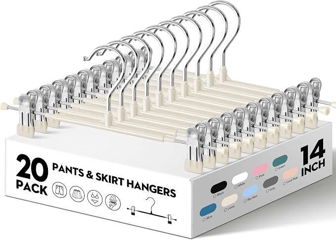 14 Inch Pants Hangers with Clips 20 Pack Skirt Hangers,Metal,Lvory | Non-Slip,Adjustable metal wide clips,Space-Saving,Heavy duty, for pants/skirt/dress/trousers/jeans/shorts/leggings,Women - Image 2