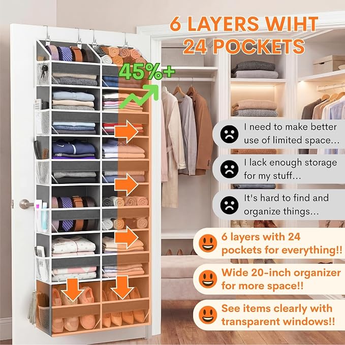 2 Pack Over The Door Organizer 6 Tiers, Extra Large Behind Door Storage of 12 Compartments, 80 lbs Weight Capacity Hanging Storage Organizer with Clear Window Kids Toys,Shoes (6 Tiers - Grey) - Image 2