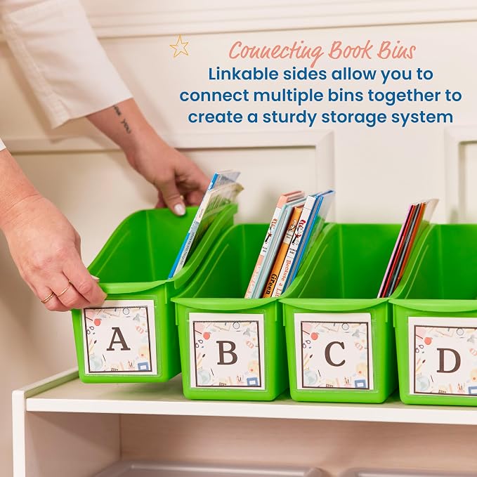 ECR4Kids Linking Plastic Storage Book Bin, Multipurpose Organization, Neon Green, 10-Piece | Durable plastic with built-in handles, interlocking, nestable, ideal for books, magazines, and files in a classroom or office - Image 3
