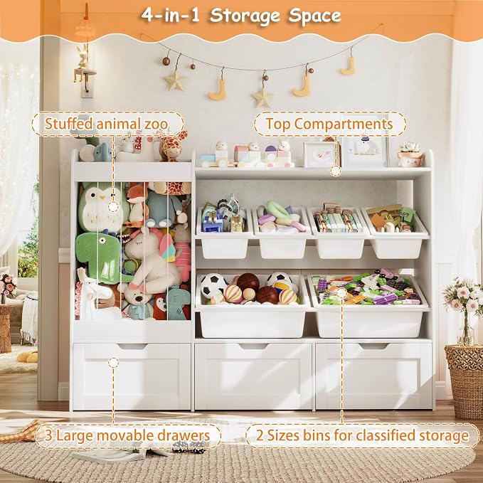 Kids Toy Storage, 50.6" W x 41.3" H Large Toy Organizers and Storage Cabinet with 6 Plastic Bins, 3 Rolling Drawers, Stuffed Animal Zoo, Wooden Organization Shelf for Playroom, Nursery(White) - Image 3