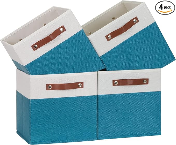 Temary Storage Cube Bins 11 Cube Storage Bins Storage Baskets for Closet, Shelves 4 Pack Fabric Organizer Bins with Leather Handles(White&Teal) by TEMARY