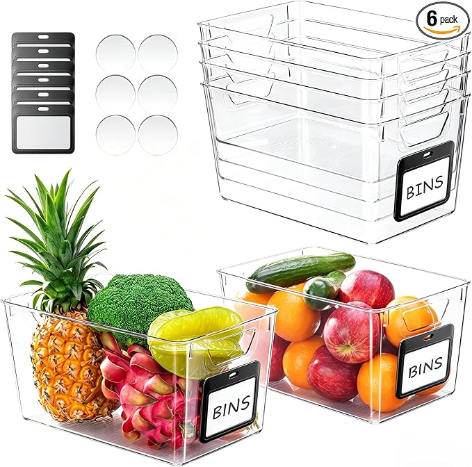 iCASA 6-Pack Clear Fridge Organizers and Storage Bins Container with Labels | Plastic Refrigerator Organizer Bin for Organizing, Home Organization Must Haves for Kitchen Under Sink Cabinet Pantry Shelf by iCASA