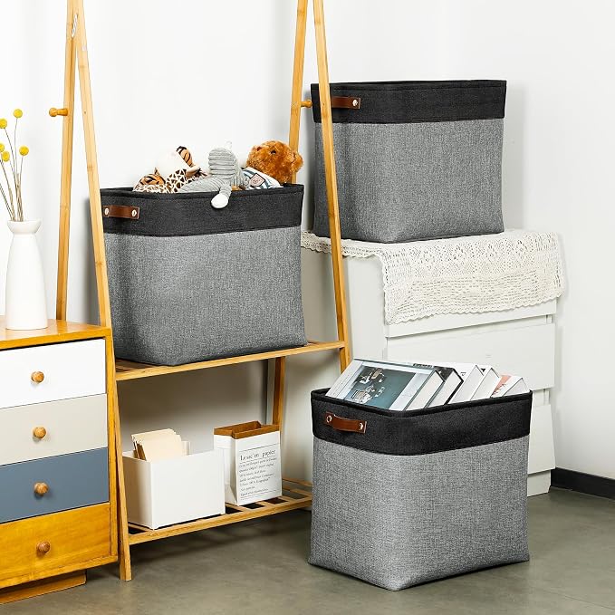 DULLEMELO Grey Storage Baskets for Organizing 3 Pack Fabric Shelf Baskets for Gifts Empty Large Storage Organizer for Closet,Clothes,Toys,Bedroom (Black&Grey) - Image 3
