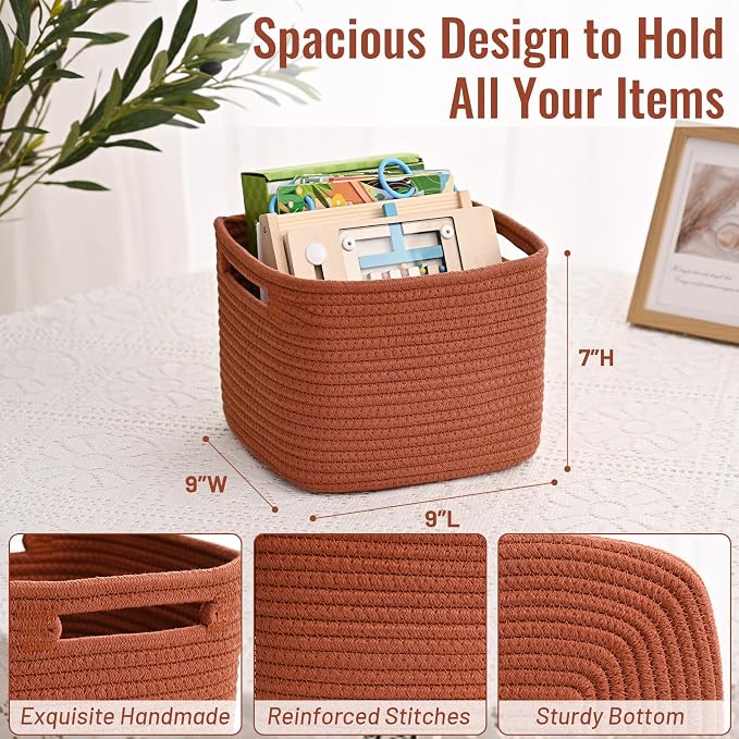 3 Pack Cube Storage Bin, 9”x9”x7” Cotton Rope Woven Baskets for Organizing Toys Clothes Towels, Square Gift Storage Baskets for Shelves, Nursery, Closet, Bathroom, Pantry (Red) - Image 4
