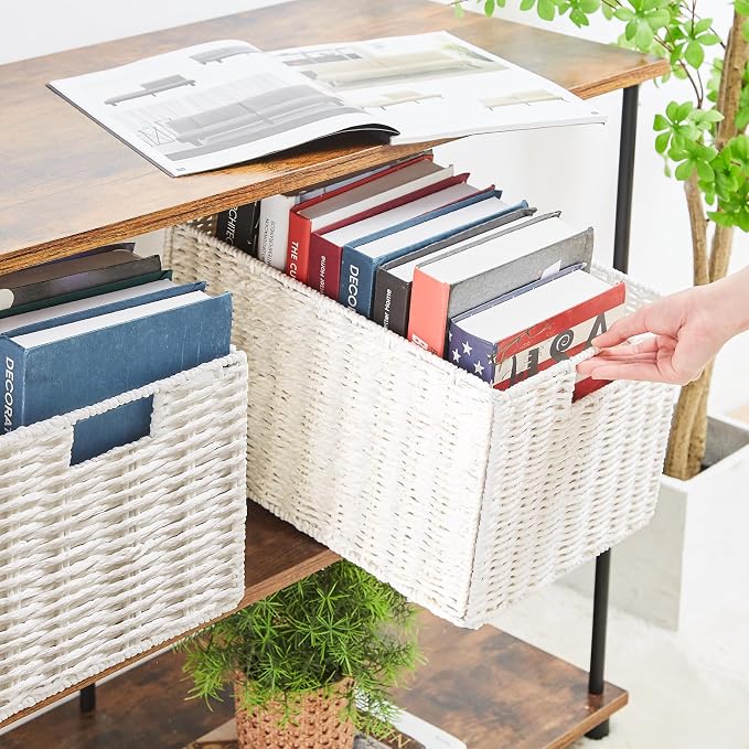 Wicker Storage Basket, Set of 2 Hand-Woven Paper Rope Wicker Basket, Large Storage Baskets for Organizing, Foldable Large Cube Storage Organizer Bins for Shelves (White) - Image 4