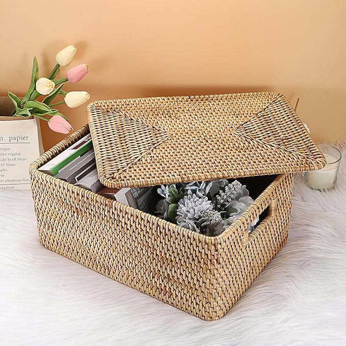 Hipiwe Rattan Basket With Lid Rectangular Lidded Basket Wicker Storage Bin | Hand-Woven Natural Basket Box for Shelf Organizing Picnic Food Bread Table Storage Basket, 15.1 x 11.2 x 7.3 Inch - Image 6