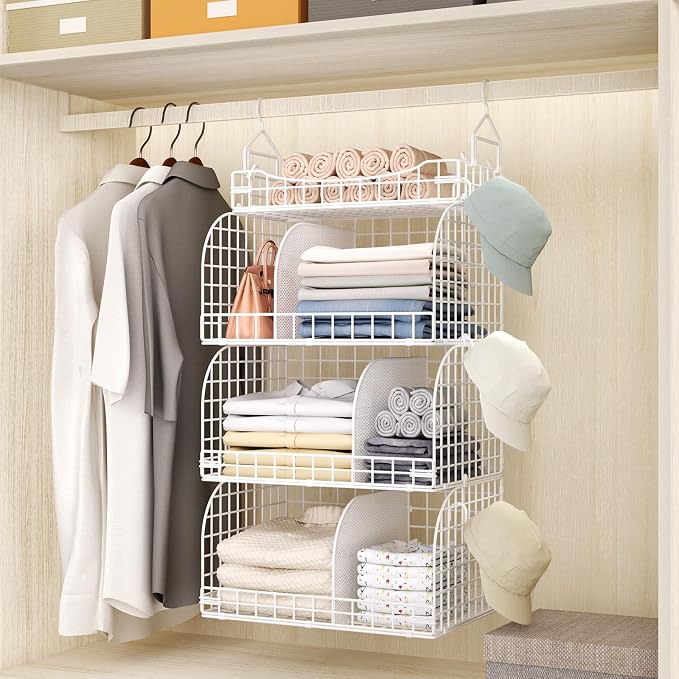 HapiRm Hanging Closet Organizer Storage - 3 Tier Metal Stackable Hanging Closet Shelves with Dividers and S Hooks, Foldable Clothes Shelves for Clothes, Pants, Shoes, Coat, Hats Clutches Accessories - Image 5