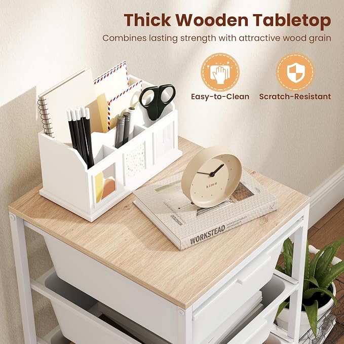 Giantex Rolling Storage Cart with 4 Drawers, Utility Cart w/Wooden Tabletop, Lockable Wheels, Multipurpose Organizer for Art Craft Scrapbook Paper, Drawer Carts for Dorm Classroom Office, White - Image 5