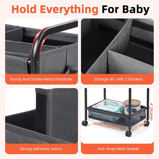 Orzbow Diaper Caddy cart, 3 Tier Baby Rolling Storage Cart | Detachable Infant Essentials Nursery Storage for Bedroom, Changing Table & Crib - Image 3