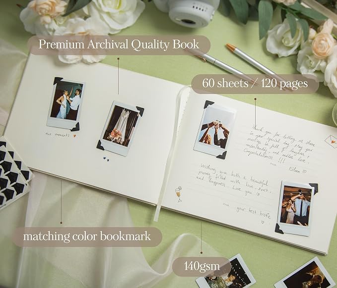 Linen Photo Guest Book (Cream) - 11.5" x 8.5" Large Hardcover Sign In Book | w/ 120 Photo Corner Stickers | Ivory Photo & Message Book for Baby Shower, Retirement, Memorial, Birthday, Graduation Party - Image 3