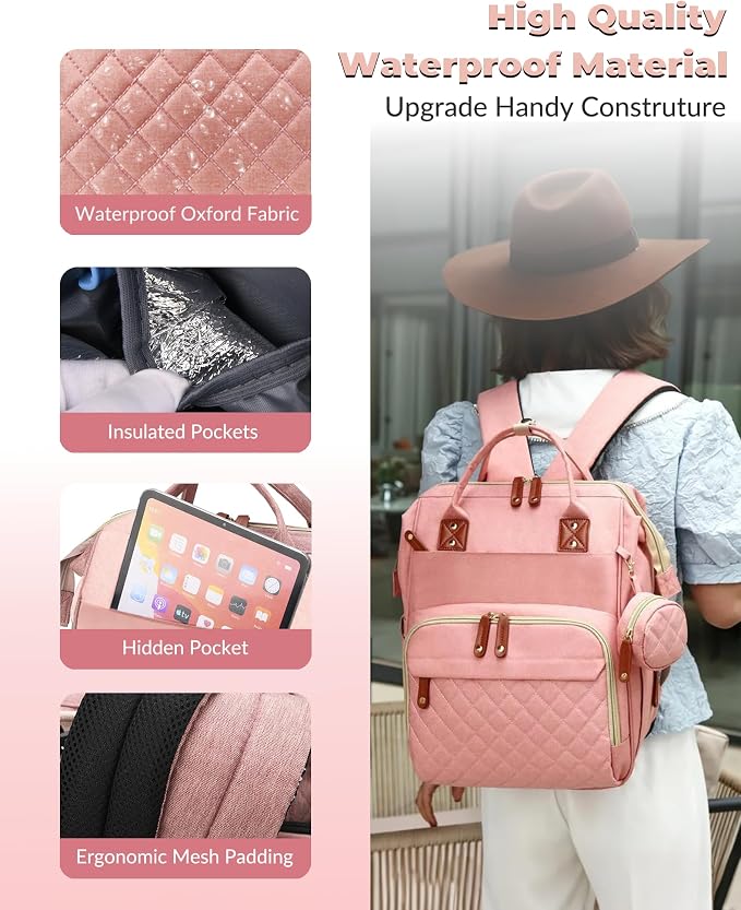 Diaper Bag with Changing Station, Waterproof 3 in 1 Diaper Backpack with Foldable Changing Pad, Large Travel Backpack for Mom & Dad, Baby Gift for Girl & Boy,Pink - Image 6