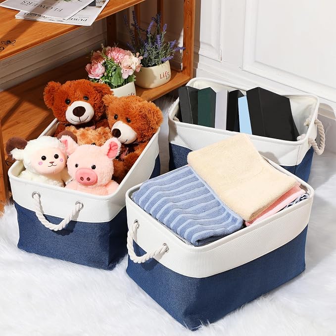 meekoo 8 Pack Collapsible Storage Bins Fabric Storage Bins Polyester Fabric Baskets with Handles Linen Closet Organizer for Shelf Home Closet Towels Toys(15 x 11 x 9.5 in,Blue White) - Image 4