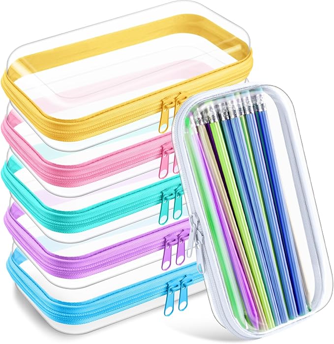 Sanwuta 6 Clear Hard Zipper Case,Colorful,7.48 X 3.94 X 2 Inch | Pencil Case Pouches ,Makeup Bag,Plastic Toiletry Diaper Bag ,Travel Toy Storage,Waterproof Organizer Bins by Sanwuta
