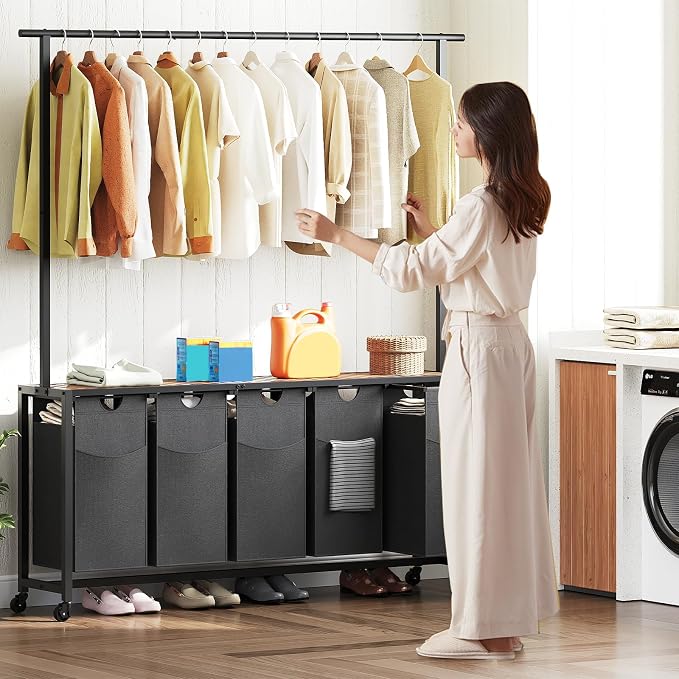 Laundry Hamper, Laundry Sorter 5 Section, Rolling Laundry Basket, Laundry Sorter with Hanging Bar, Hampers for Laundry, Laundry Basket Organizer for Laundry Room, Rustic Brown LS57BR - Image 2
