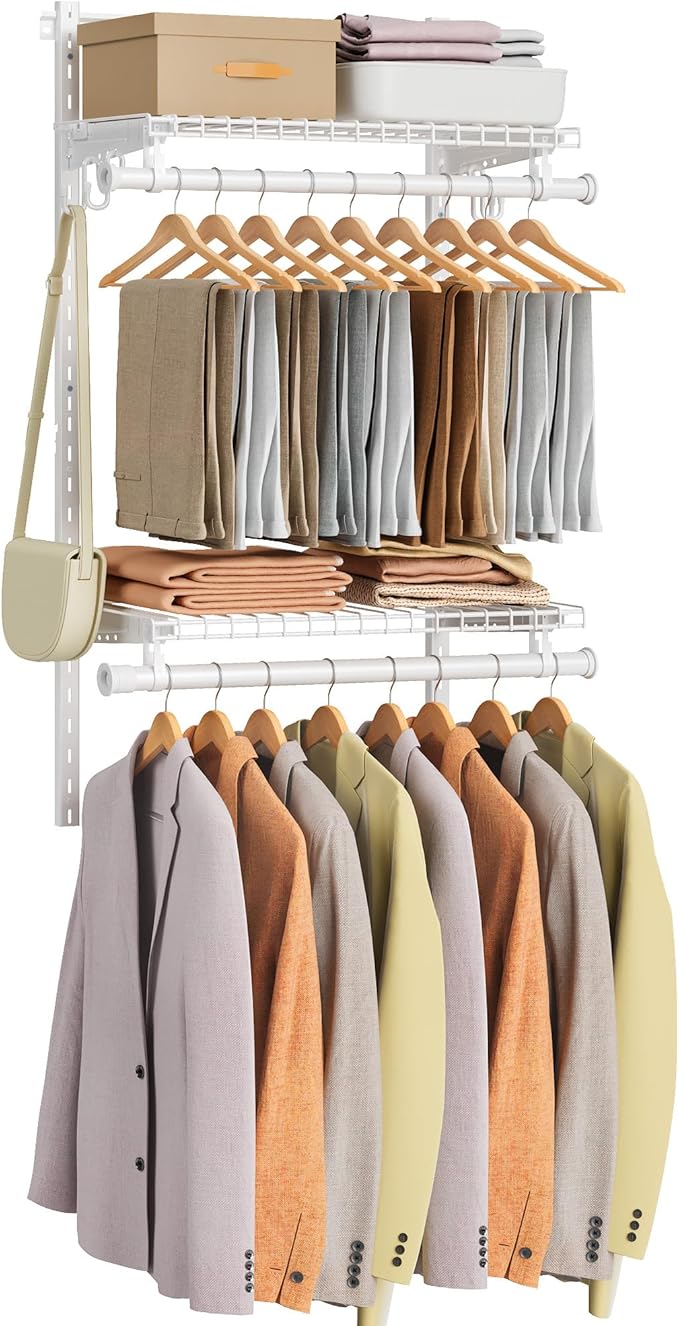 SONGMICS HOME Closet System, Closet Insert Organizer, 2-4 ft Closet Shelves | Adjustable Metal Shelving Unit, 2 Hanging Rods, 2 Shelves, Hooks, Pearl White and Cloud White, PATRIA Collection URGR030W01 by SONGMICSHOME