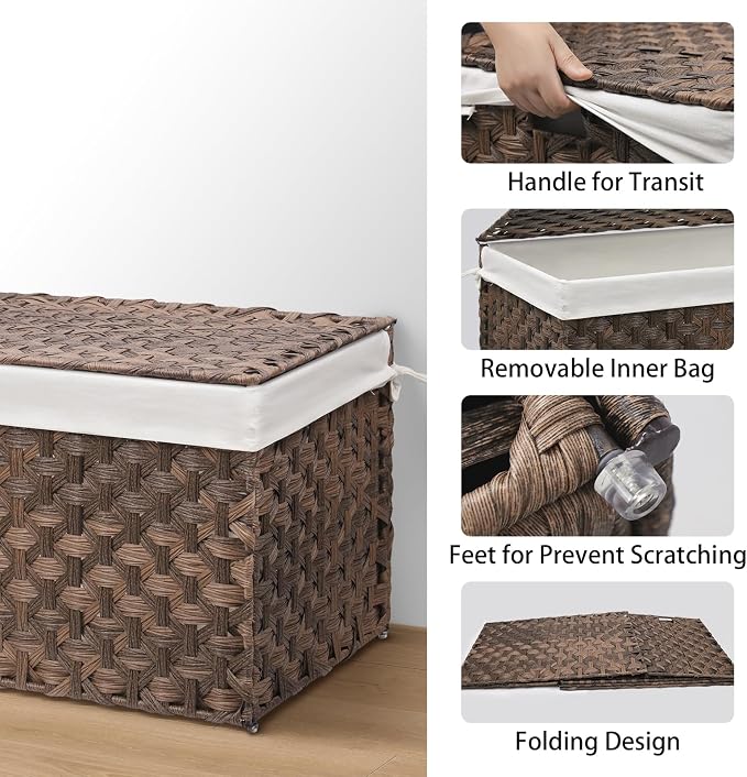 Wicker Storage Basket with Lid, 52.8 Gallon (200L) Large Blanket Basket with Lid, Woven Storage Bin with Handles, Removable Liner, Metal Frame, Foldable, for Bedroom, Laundry Room, Brown - Image 4