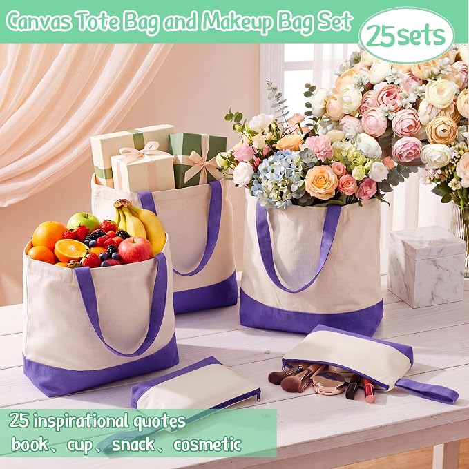 Sanwuta 30 Pcs Canvas Tote Bags Bulk with Zipper Cosmetic Pouch,Purple | 18.5" Reusable Cotton Shopping Bag with Handle for DIY Craft - Image 6