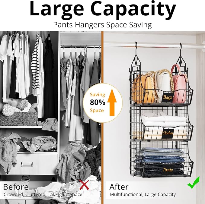 Hanging Closet Organizers and Storage, 6 Tier Closet Shelf Clothes Organizer with 2 S-Hooks, Multi-Functional Iron Wire Baskets, for Clothing, Sweaters, Handbags, Hat, Canned - Image 5