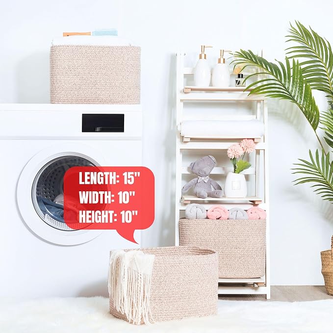 3-Pack Decorative Woven Storage Baskets for Shelves, Cube Bin Box for Organizing Books, Shoes, Dog Toys, Pantry Closet and Living Room Organizer, Oatmeal Brown - Image 6