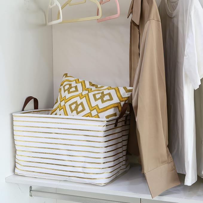 Hinwo 31L Large Canvas Storage Bin with Lid and Handles, 2-Pack | Collapsible Fabric Baskets, Closet Shelf Organizers, Containers for Clothing, Blankets, Toys, Bedding (Gold Stripe) - Image 3