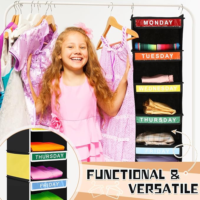 2 Pcs 7 Shelf Weekly Clothes Organizer for Kids Hanging Closet Organizer 11. 8 x 11. 8 x 50 Inches Daily Activity Kids Clothes Storage Drawers Cube Drawers Closet Hanging Shelves(Black) - Image 5