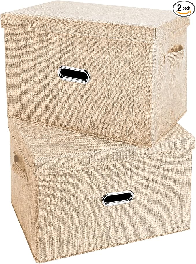Large Linen Fabric Foldable Storage Bins with Removable Lid and Handles, Washable Storage Box Organizer Containers Baskets Cube with Cover for Bedroom,Office (Khaki, Extra Large(2-Pack)) by Unknown