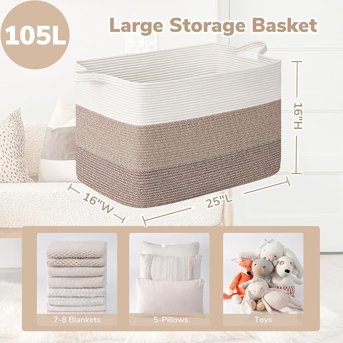 Goodpick 105L Extra Large Woven Rope Blanket Basket, Rectangle, Light Brown | 25'' x 16'' x 16'' Storage Basket for Blankets, Pillows, Toys & Clothes, Living Room, Bedroom & Nursery Organization - Image 3