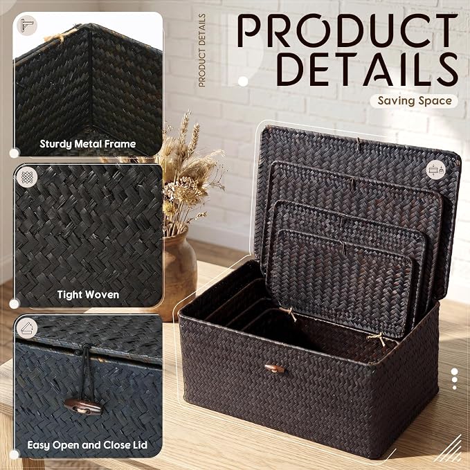 Woanger Set of 4 Wicker Baskets with Lids, Nautral Seagrass Storage Baskets, Woven Rectangular Basket Bins, Rattan Storage Organizer for Shelf Closet Bedroom(Black) - Image 3