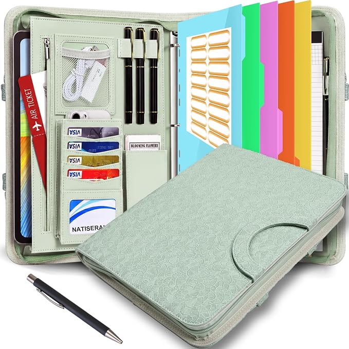 Portfolio Binder 3 Ring Includes Pen and 5 Dividers with 10 Pockets, Padfolio Organizer with Zipper for Men and Women, Includes A4 Notepad for Business, School, Work by NATISERAUM
