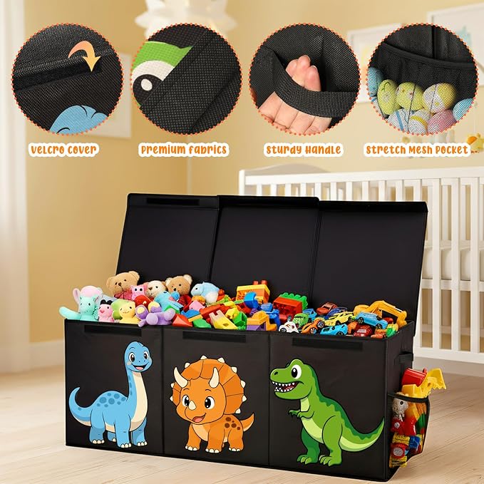 Extra Large Collapsible Toy Box Chest, Sturdy Dinosaur Toy Storage Organizer with Lids, 40"x16"x14", Toy Box for Boys Girls, Cute Kids Bin Baskets for Living Room, Playroom, Nursery, Bedroom, Black - Image 5
