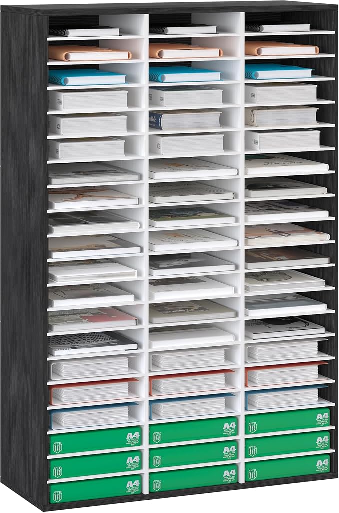 EasyPAG 60 Compartments Wooden Literature Organizer with Adjustable Shelves, 30000 Sheets Capacity Paper Organizer, Classroom Mailbox and Mail Sorter for Teachers and Office, Black/White by EasyPAG
