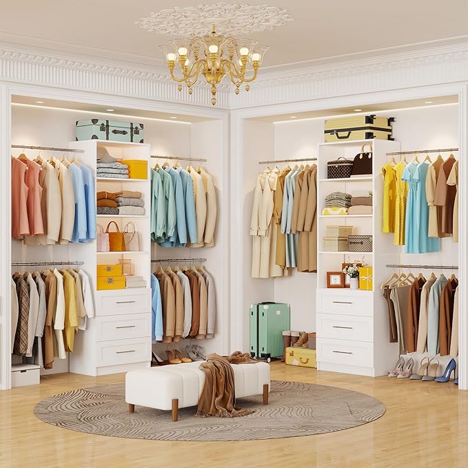 Closet System with 6 Drawers, 5-14FT Custom Closet Organizer System with 8 Expandable Hanging Rods&Adjustable Shelves, Modular Wood Closet Systems Tower for Walk in Closet Storage, 2 Sets, White - Image 5