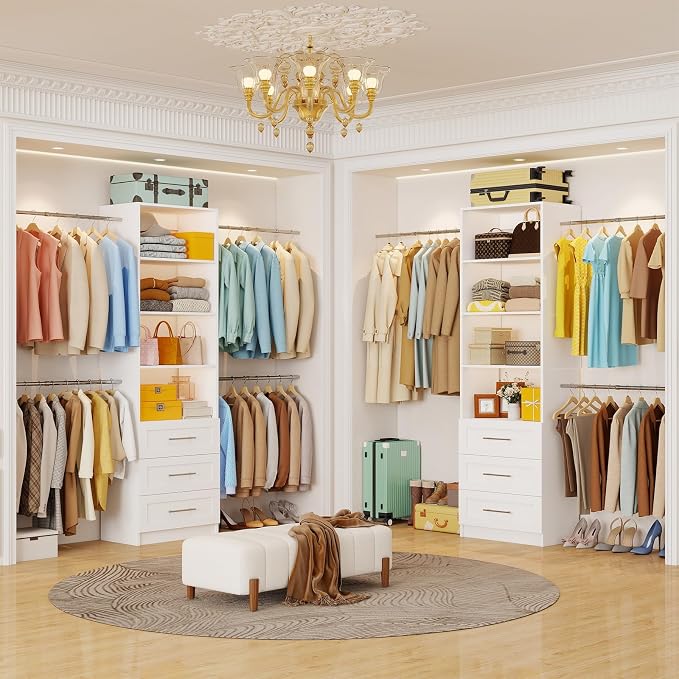 Fastgo Closet System with Drawers, 5-9FT Closet Organizer System with 4 Expandable Rods & Adjustable Shelves for Walk in Closet, 96” Built in Closet System Tower, Small Closet Storage System, White - Image 3