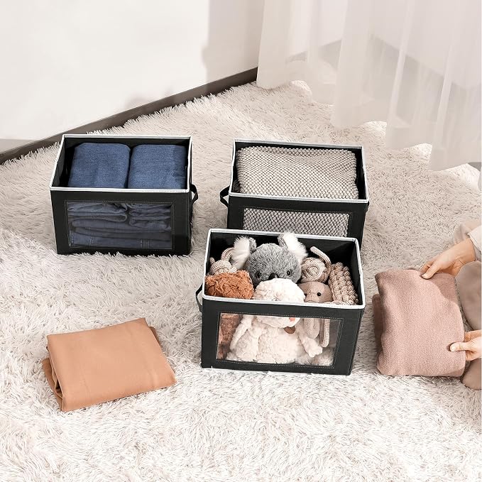Cube Storage Bins with Lids, Clear Window Storage Baskets for Organizing, Fabric Organizer Bins with Handle, Cloth Storage Bins for Shelves, Closet, Clothes, Towels, 4 Packs, Black - Image 4