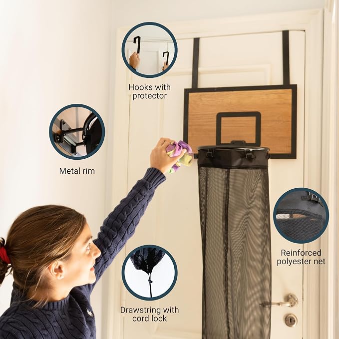 ActiveJoy – Basketball Laundry Hamper – Wooden Backboard & Mesh Hoop Laundry Basket – Over Door Hanging Organizer for Kids - Cedarwood Brown - Image 3
