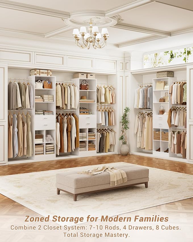 Besiost Small Closet System, 3.2-6.8FT Small Closet Organizer with 2 Wooden Drawers & 5 Hanging Rods, Can Fit 37.5 to 81.9 inch Walk-in Closet System, Built-in, White, Enclosed Storage Volume 2.32 ft³ - Image 7