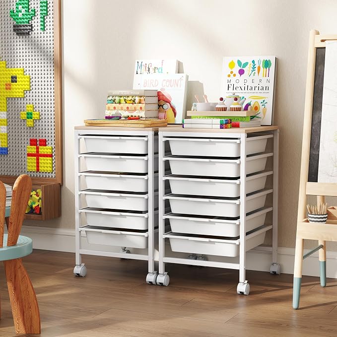 Giantex Rolling Storage Cart with 6 Drawers, Utility Cart w/Wooden Tabletop, Lockable Wheels, Multipurpose Organizer for Art Craft Books Paper, Drawer Carts for Dorm Classroom Office, White - Image 2