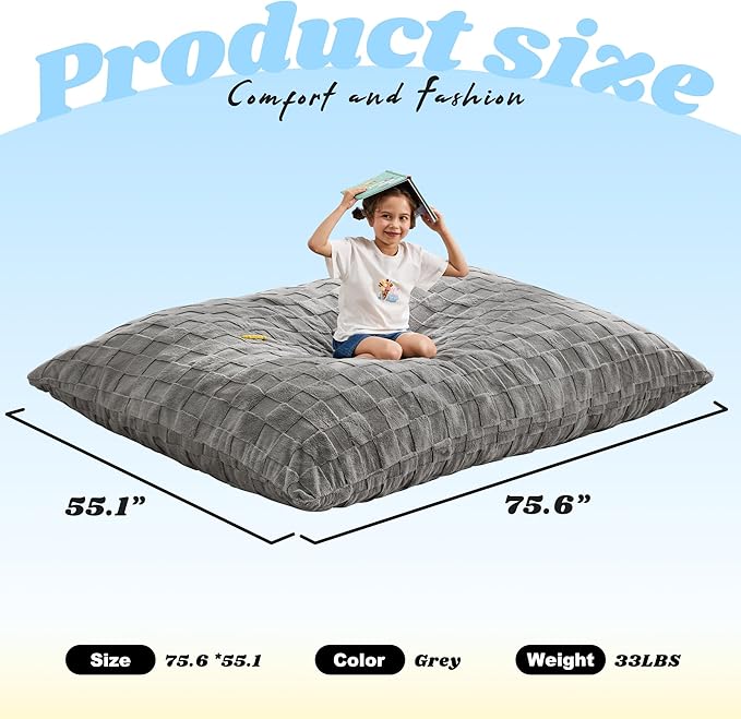 Hobestluk Adult Bean Bag Chair 3 in 1 Convertible Large Bean Bag Sofa | Plaid Grey,Machine Washable,Removable Cover,Easy Convert And Install,Floor Bed,For Livingroom Bedroom - Image 3