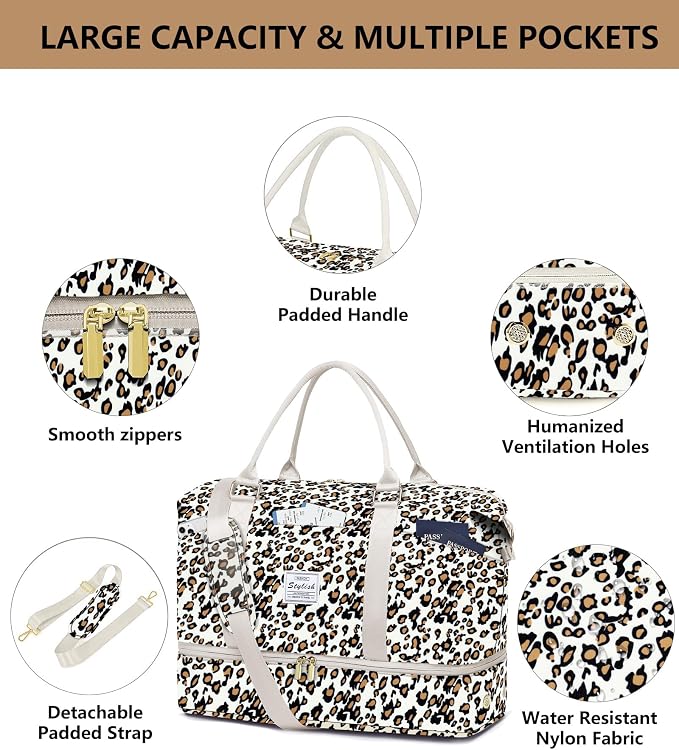 Travel Overnight Bag Weekender Bags: Large Duffle Bag Women with Shoe Compartment Carry on Overnight Bags with Toiletry Bag Gym Duffel Bag with Wet Pocket Hospital Bags for Labor and Delivery Leopard - Image 5