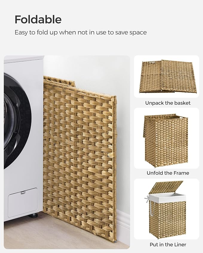 SONGMICS Laundry Hamper with Lid, 23.8 Gallon (90 L) Synthetic Rattan Clothes Laundry Basket with Lid and Handles, Foldable, Removable Liner, Goose Yellow ULCB51NL - Image 8