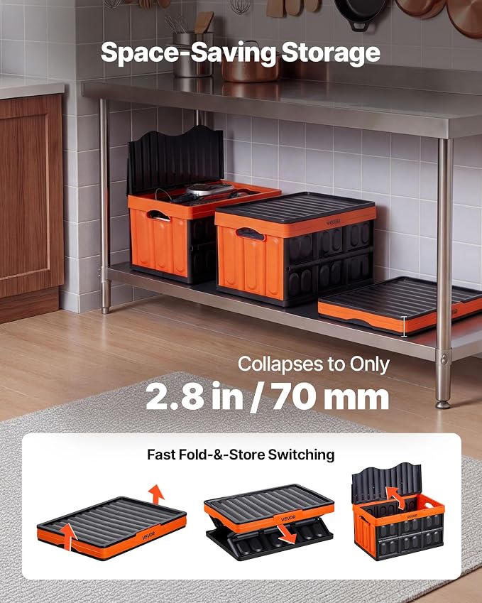 VEVOR Plastic Collapsible Storage Bins with Lids, 45L 3Packs, Stackable Folding Storage Crates with Handles, Holds 44 lbs Per Bin, Heavy Duty Containers, Space-Saving Baskets, for Home Organizing - Image 4