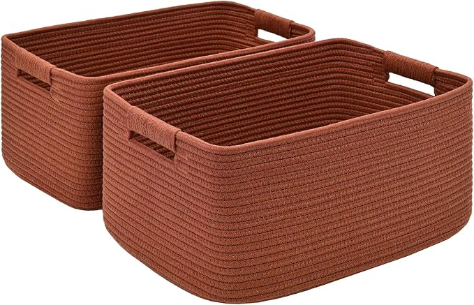 2 Pack Large Storage Basket for Organizing, 17.5"x13"x7" Woven Basket for Shelves, Closet Cube Storage Bins with Wrapped Handle, Cotton Rope Baskets for Kitchen, Clothes, Toys(Oxide Red) by Degeyoyo