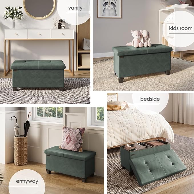 Storage Ottoman Bench with Bins, 30-in Storage Bench for Bedroom End of Bed, Folding Foot Rest Ottoman for Living Room Max 660lbs, Leather Ottomans, Green - Image 5