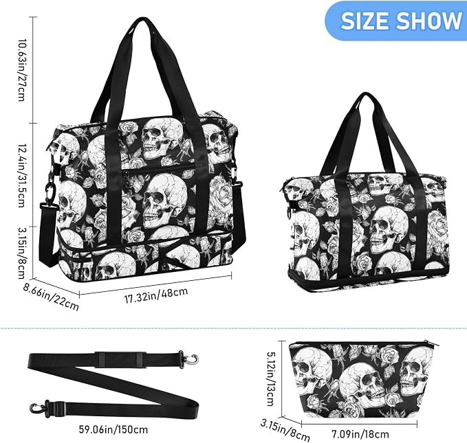 MNSRUU Gothic Skulls and Flowers Sports Duffel Bag with Wet Pocket, Weekender Overnight Bag for Women Men, Gym Bag, Carry On Bag, Hospital Bag for Labor and Delivery - Image 6