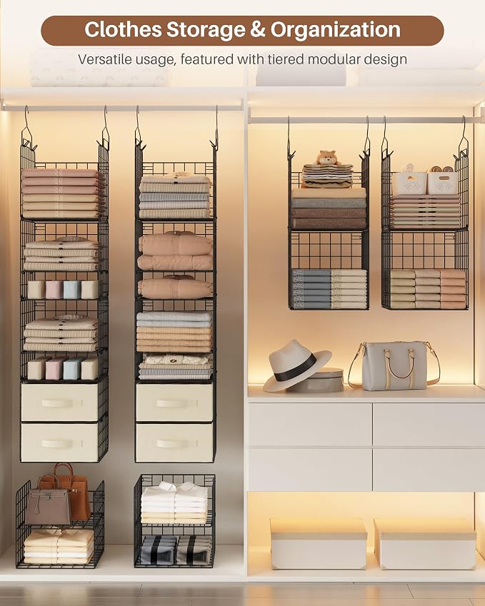 4 Tier Metal Hanging Closet Organizer with 2 Fabric Drawers | Heavy Duty Foldable Clothes Storage Rack ,No Sag Storage Rack for Clothes, Sweaters, Hats, Small Closets, Apartments, Dorms - Image 2