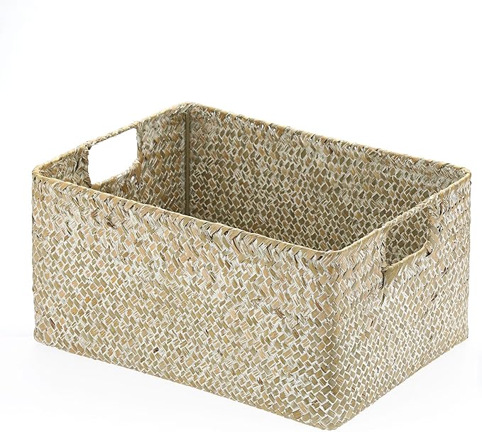 Hipiwe Seagrass Storage Basket Bin Rectangular Handwoven Wicker Storage Box with Handle Opened Baskets for Shelf Organizing Closet Bathroom, 13.3 x 9.8 x 6.7 Inch by Hipiwe