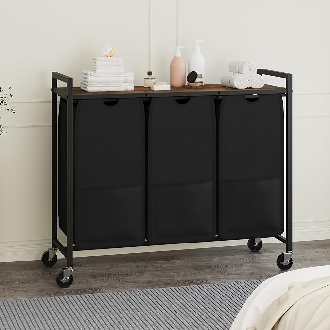 Garvee 3-Section Rolling Laundry Hamper, 120L, Rustic Brown & Black | Laundry Sorter with Shelf, Removable Bags & Wheels, Heavy Duty Clothes Basket Organizer for Laundry Room, Bathroom, Bedroom - Image 8