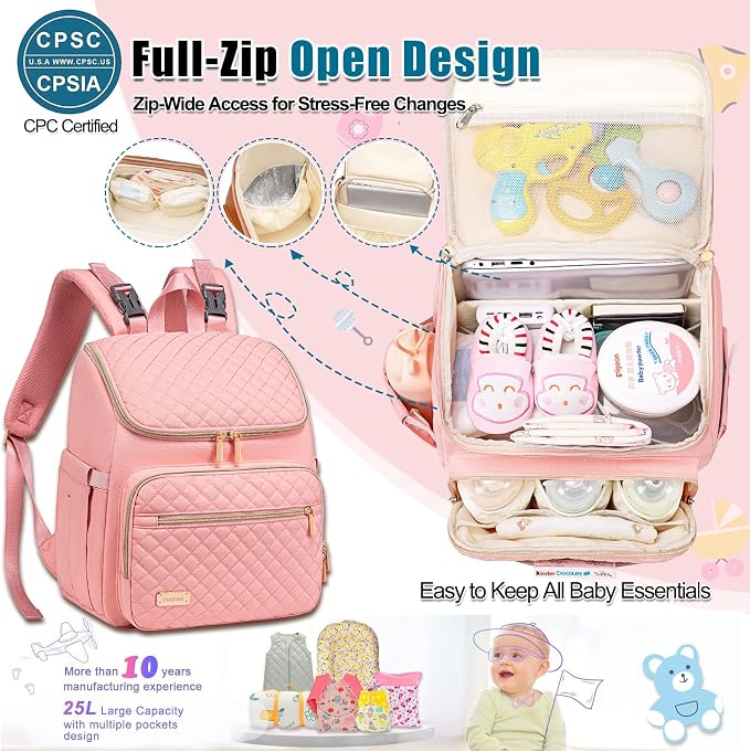 Diaper Bag Backpack Large Baby Diaper Bag with Changing Pad Travel Diaper Backpack,Baby Bag for Boys Girls,Stroller Straps,5 Insulated Pockets (Pink) - Image 4