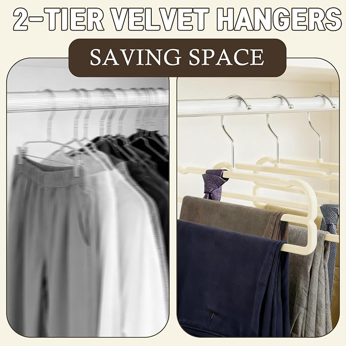 VSV stoage Velvet Pants Hangers with Double Non Slip Bar - Multiple Velvet Hangers for Closet - Thin Space Saving Clothes Hanger - 360° Swivel Felt Trouser Hanger Perchas Terciopelo 10 Pack (Beige) - Image 5