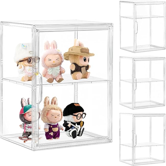 LXLXXL 2 Tier Stackable Shelf Acrylic Display Case with Magnetic Lid 4-Pack | Clear Acrylic Box with Magnetic Door and Removable Shelf, for Makeup, Figures, Purse Storage, Dustproof Display Organizer by LXLXXL